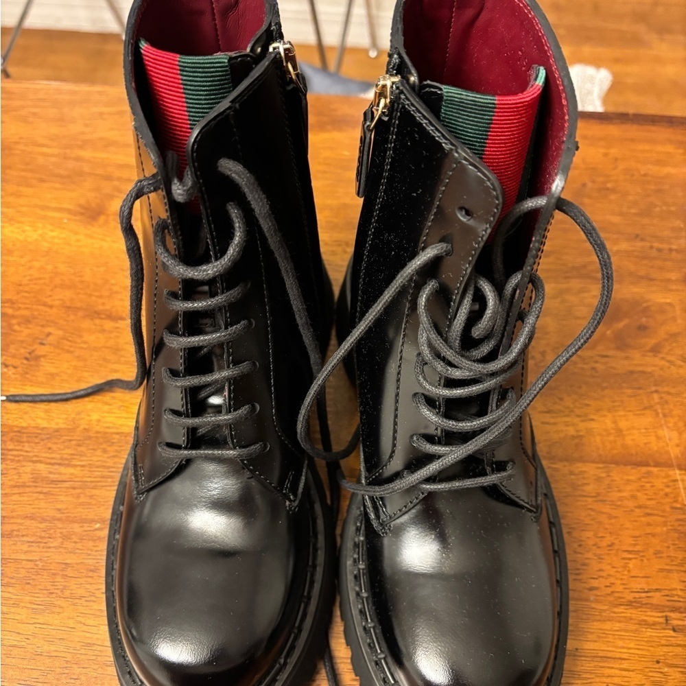 Gucci Black Lace-Up Boots with Red and Green Accents sold out neiman Marcus 6.5